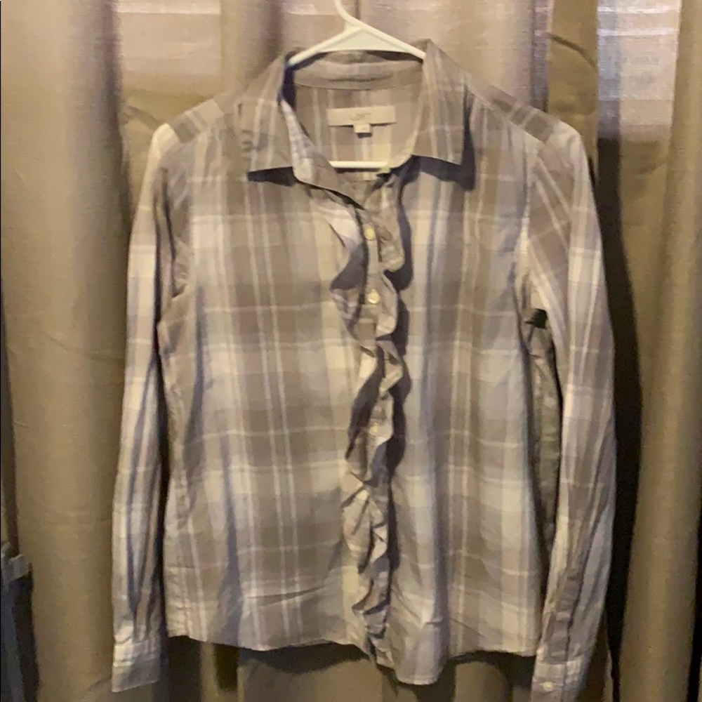 LOFT plaid button down ruffle shirt